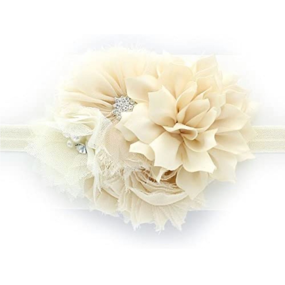 EUC Beautiful ivory pearl rhinestone flower baby headband bow